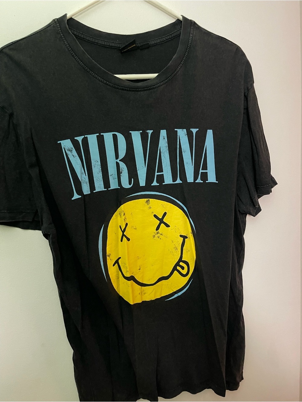 NIRVANA Black Tee with Yellow Smiley and Light Blue Logo